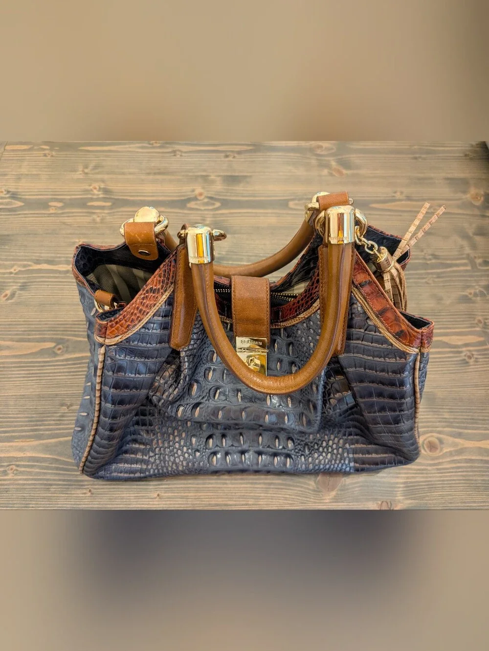 Brahmin Large Blue Brown Croc Satchel Purse Handbag